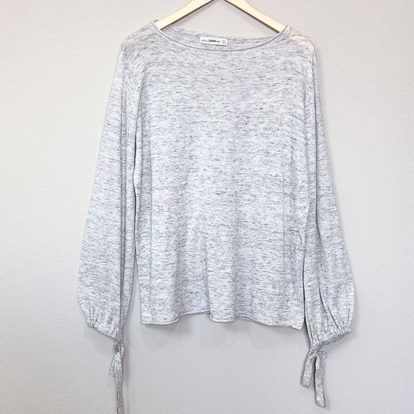 Zara Heather Gray Long Bow Tie Strap Cuff Balloon Sleeves Light Weight Sweater S - Picture 2 of 11